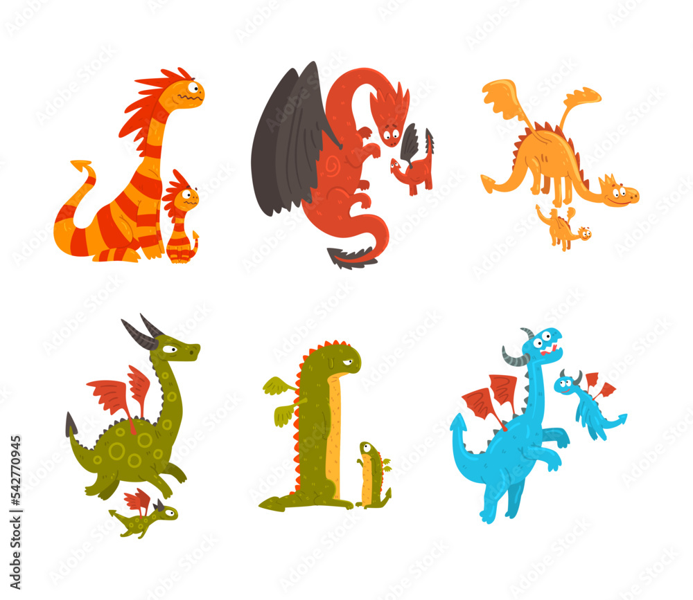 Wall mural mature dragons and baby dragons as families of mythical animals vector set