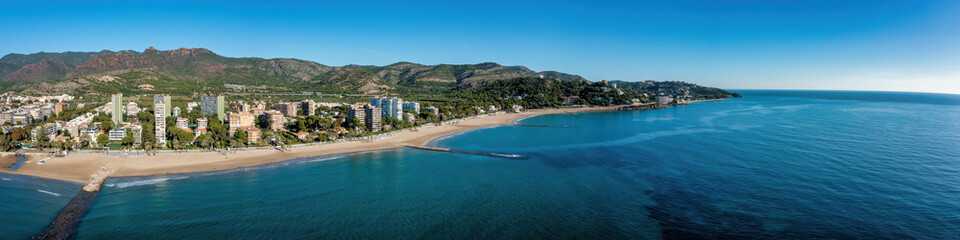 Panorama and Areal View of Benicàssim, a municipality and beach resort located in the province of Castelló, on the Costa del Azahar in Spain