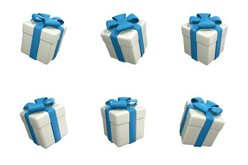 Set of white gift boxes with blue ribbon and bows. Isolated on a transparent background. 3d render
