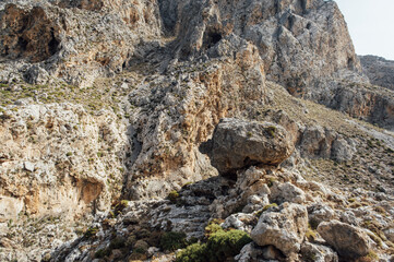 Hiking trail in a beautiful gorge for active walks in Greece on the island of Crete