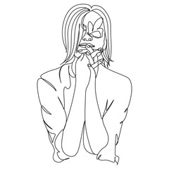 Woman face with butterfly. Line art female hands with butterflies. One line vector drawing. Portrait minimalistic 
