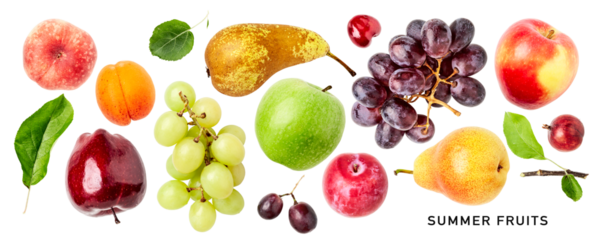 Different summer fruits set. PNG with transparent background. Flat lay. Without shadow.