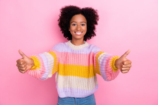 Portrait Of Friendly Funny Nice Girl With Wavy Hairdo Wear Knit Sweatshirt Show Thumbs Up At To You Isolated On Pink Color Background