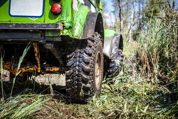 Custom built off road racing car shot from behind.