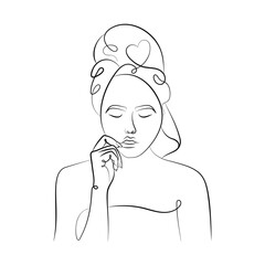 The girl takes care of her face. Facial care, one line drawing, line art. Vector illustration