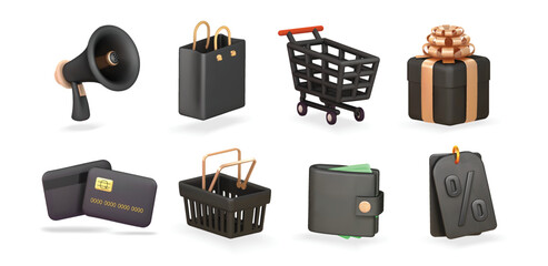 shopping 3d render realistic vector icon set. Basket, gift, megaphone, credit card, discount label, shopping cart black friday 3d icon.