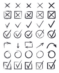 Check and cross mark vector set. Marker cross brush signs. OK and X icons in hand drawn style. Super check mark hand drawn. YES and NO button.