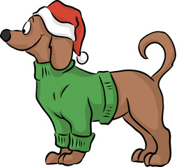 Niedlicher kleiner Hund mit Weihnachtsmütze und Pullover