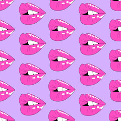Obraz premium Seamless pattern with pink womans' lips. Love theme, feminine design. Hand drawn vector illustration