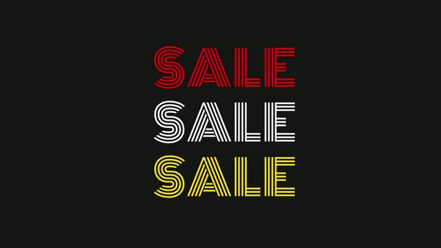 Sale word typography motion graphic background. Animated red, white and yellow sale text isolated with black screen.