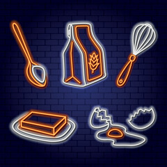 Neon set ingredients for making pancakes, pastries and desserts. Wheat flour, a spoonful of sugar, a whisk, butter and a broken egg