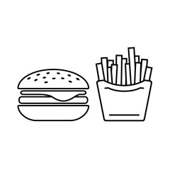 Cheeseburger and fries line  icon. Tasty hamburger topped with cheese and French fries. Vector Illustration