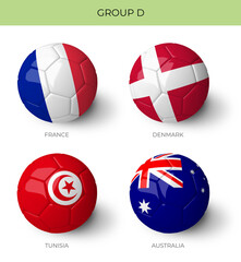 Group D 3D Balls with flags on white background for Qatar 2022 world cup groups 