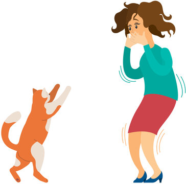 Young woman character scared of red cat. Girl believe in bad omen or afraid of animal with claws. Female character was frightened and clutched her face with hands. Ailurophobia obsessive fear of cats