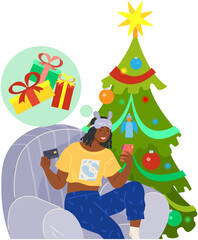 Girl sitting with smartphone and sending online gift. Woman surfing Internet on holiday. Lady celebrates Xmas near Christmas tree. Celebration modern holiday process. Person chooses Christmas presents