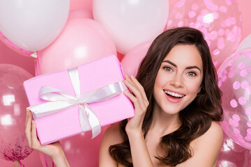 Photo of excited pretty young nude lady wear nothing rising present box isolated pink color background