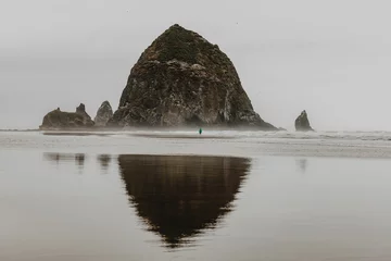 Peel and stick wall murals Reflection Cinematic shot of a Haystack Rock reflected in the sea on a foggy day