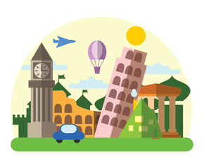 Travel, journey concept. Famous monuments of world countries. Vector illustration
