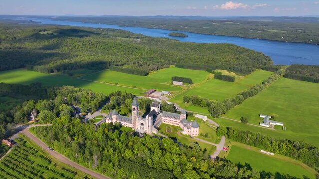 Abbaye de Saint Benoit du Lac aerial view on the Lake Memphremagog in Memphremagog County, Quebec QC, Canada.&nbsp;