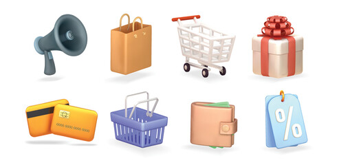 shopping 3d render realistic vector icon set. Basket, gift, megaphone, credit card, discount label, shopping cart 3d icon