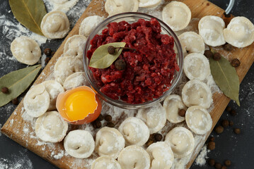 Uncooked homemade meat pelmeni