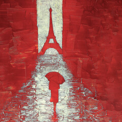 Art painting of a woman walking under an umbrella to the Eiffel Tower