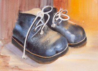 Watercolor painting of the kid's old shoes