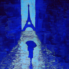 Art painting of a woman walking under an umbrella to the Eiffel Tower