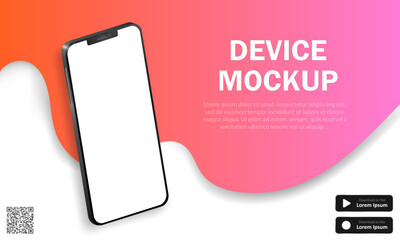 Advertising banner with realistic smartphone, text, QR code and download buttons. Vector background with 3d modern phones and pink decoration. Mobile app, website advertisement, device presentation