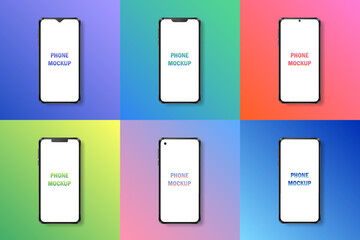 6 mockups of realistic phones with black frame and white empty screen on various colorful gradient backgrounds. Vector square banners with modern mobile phone for advertisement. Multicolored posters