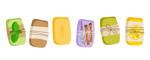 Handmade natural soap bar set. Natural soap with plants, spices, herb and aroma oil with natural ingredients. Vector flat Illustration. Aromatherapy and skin hygiene eco herbal cosmetics for bath.