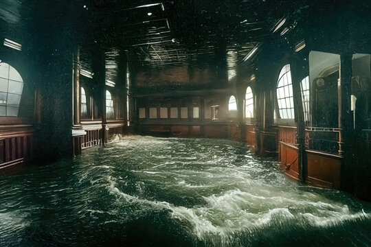 Interior of sinking ship with water flooding and rushing in open sea. Inside of a cruise ship full of water, compartments and cabins flooding in a disaster, cinematic scene. Ship filling up with water