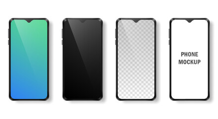 Mockup of four realistic phones with black frame and dark, gradient, white and transparent screens. Modern devices, mobile phones isolated on white background. Vector template for advertisement