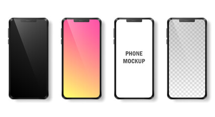 Mockup of four realistic phones with black frame and dark, gradient, white and transparent screens. Modern devices, mobile phones isolated on white background. Vector template for advertisement