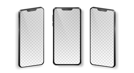 Mock up of realistic mobile phones in front and perspective view. Collection of phones with black frame and transparent screen isolated on white background. Vector device template for advertisement