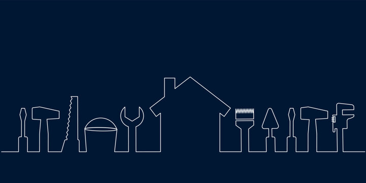 Professional handyman services. Vector banner template with tools collection and text space.  Set of repair tools on dark blue background for your design. EPS10.