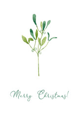 Hand drawn watercolor Christmas card with a mistletoe branch. Happy new year card.