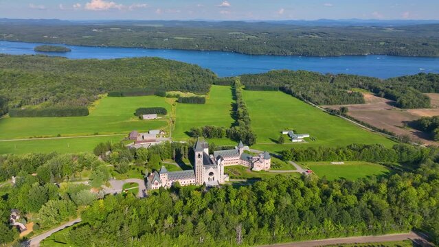 Abbaye de Saint Benoit du Lac aerial view on the Lake Memphremagog in Memphremagog County, Quebec QC, Canada.&nbsp;