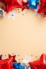 Forth of July concept. Top view vertical photo of balloons in national flag colors star garland and...