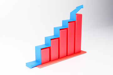 
3d Rendered Red Graph in empty room representing growth with blue arrow. Graph and bars with free space
