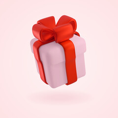 Pink gift box with red ribbon in 3D style. Vector icon for holiday or sale