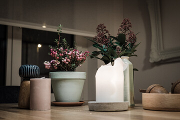 Plants and candles on a wooden table