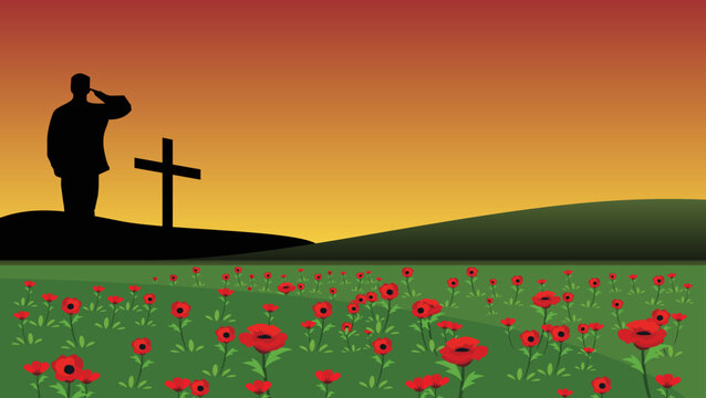 Remembrance day Field background with silhouette of a soldier alone in flower field with free Copy space area as background text template 1