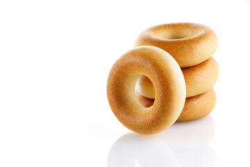Baranki (bagels) for tea - a bread product in the form of a ring, isolated on a white background. Isolated on white background close-up