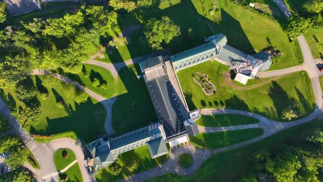 Abbaye de Saint Benoit du Lac aerial view on the Lake Memphremagog in Memphremagog County, Quebec QC, Canada.&nbsp;