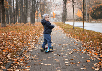 Fototapeta premium happy child 2 years old rides a scooter in autumn. Outdoor games during the cold season.