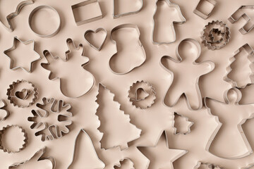 Christmas cookie cutters background. Festive baking, xmas homemade biscuits, recipes for holidays concept