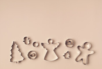 Christmas cookie cutters background. Festive baking, xmas homemade biscuits, recipes for holidays...