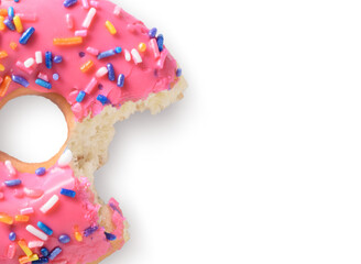 Close up pink donut with bite missing isolated