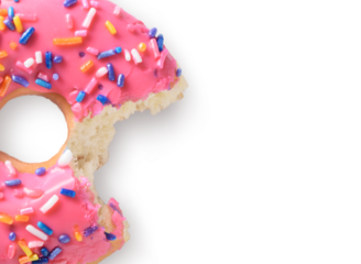 Close up pink donut with bite missing isolated